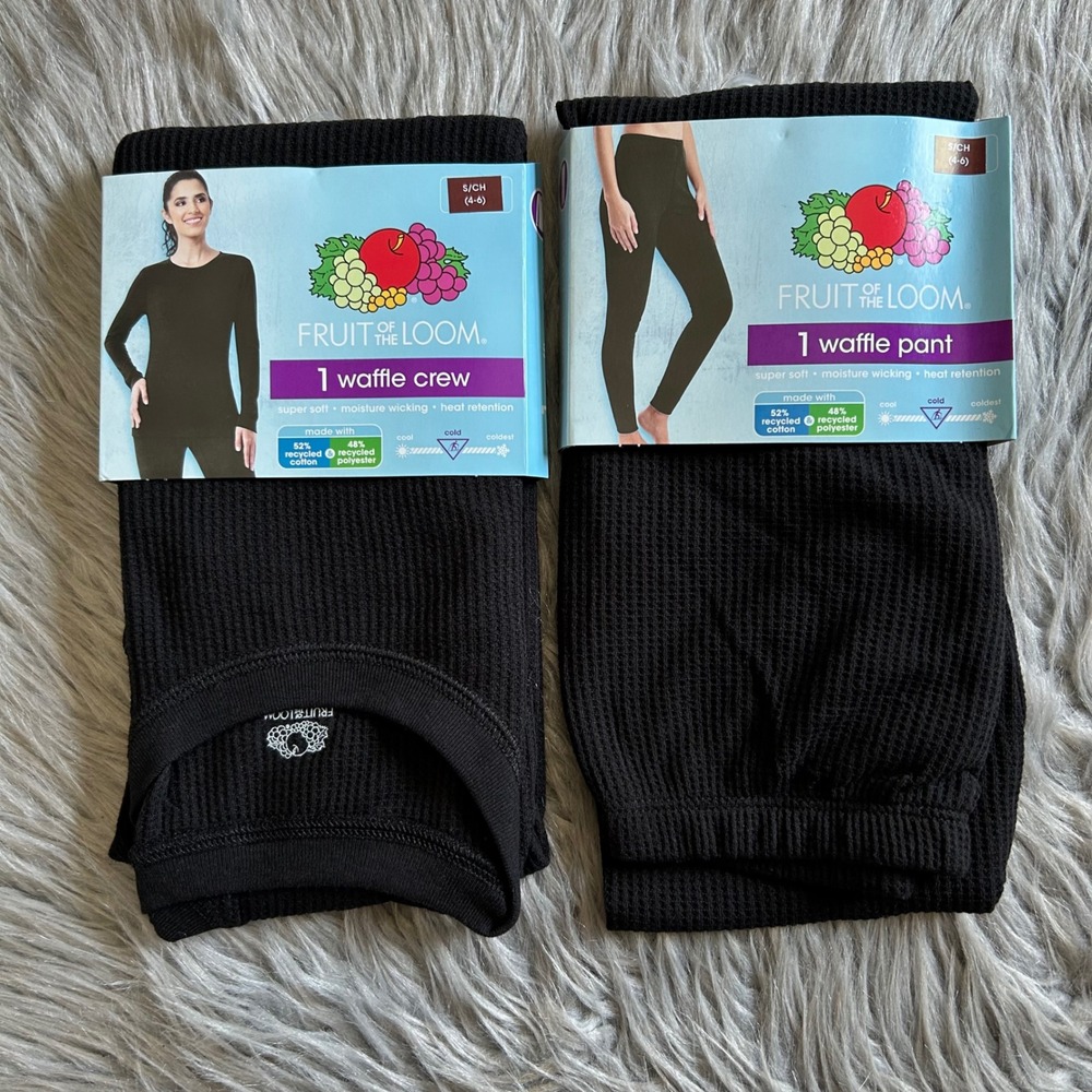 Fruit Of The Loom Thermal Set Women Size Small Black Waffle Crew Shirt Pants NEW